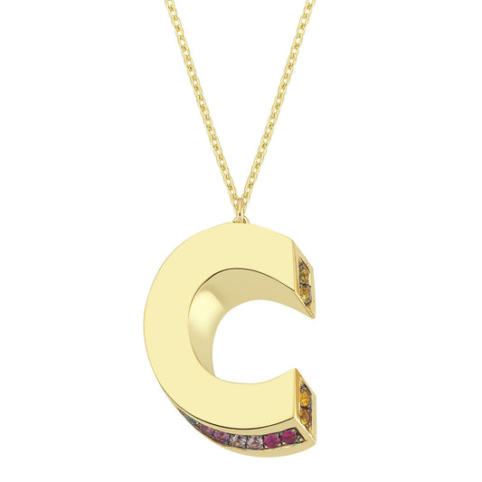 3D C Letter Necklace with Rainbow Sapphires