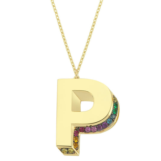 3D P Letter Necklace with Rainbow Sapphires