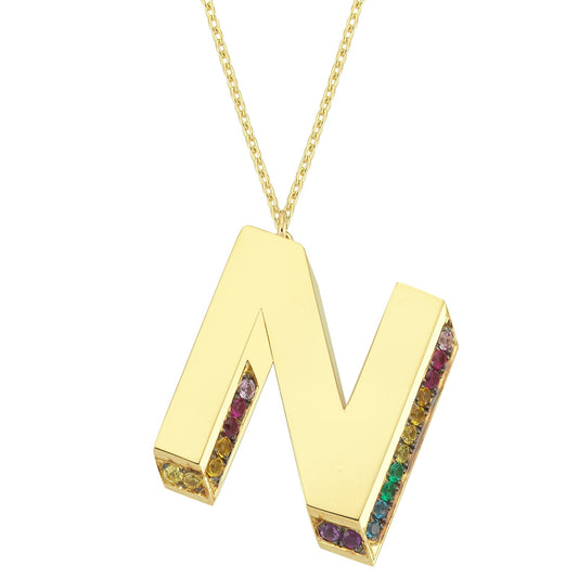 3D N Letter Necklace with Rainbow Sapphires