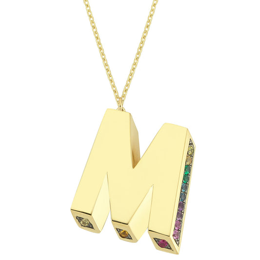 3D M Letter Necklace with Rainbow Sapphires