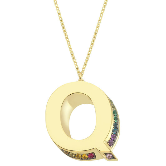 3D Q Letter Necklace with Rainbow Sapphires