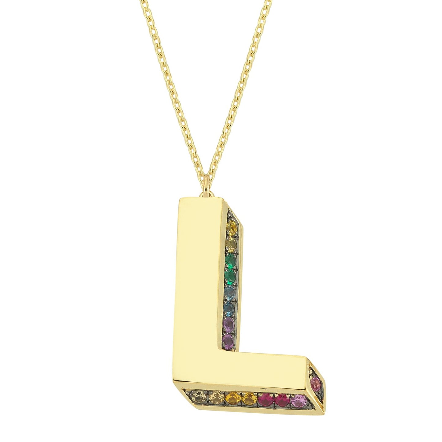 3D L Letter Necklace with Rainbow Sapphires