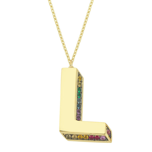 3D L Letter Necklace with Rainbow Sapphires