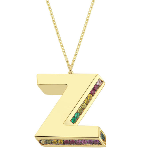 3D Z Letter Necklace with Rainbow Sapphires