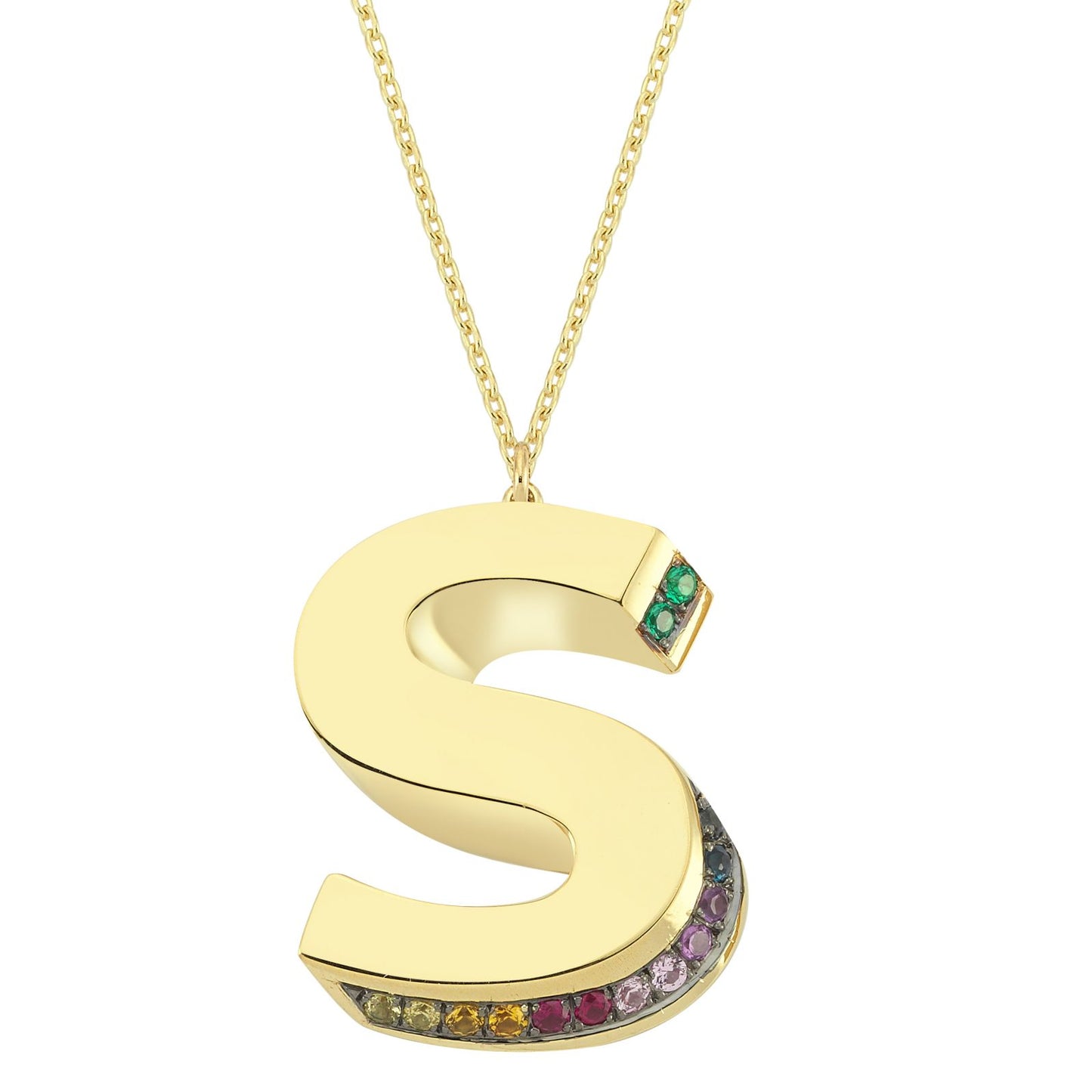 3D S Letter Necklace with Rainbow Sapphires
