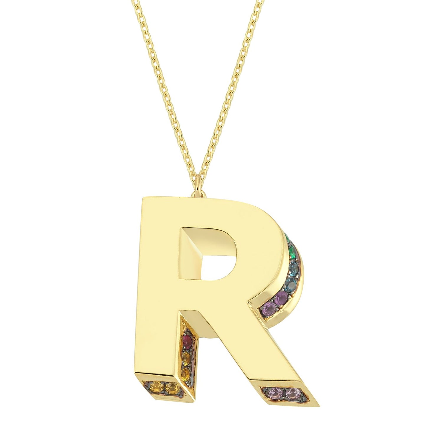 3D R Letter Necklace with Rainbow Sapphires