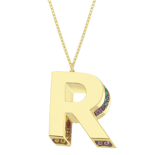 3D R Letter Necklace with Rainbow Sapphires