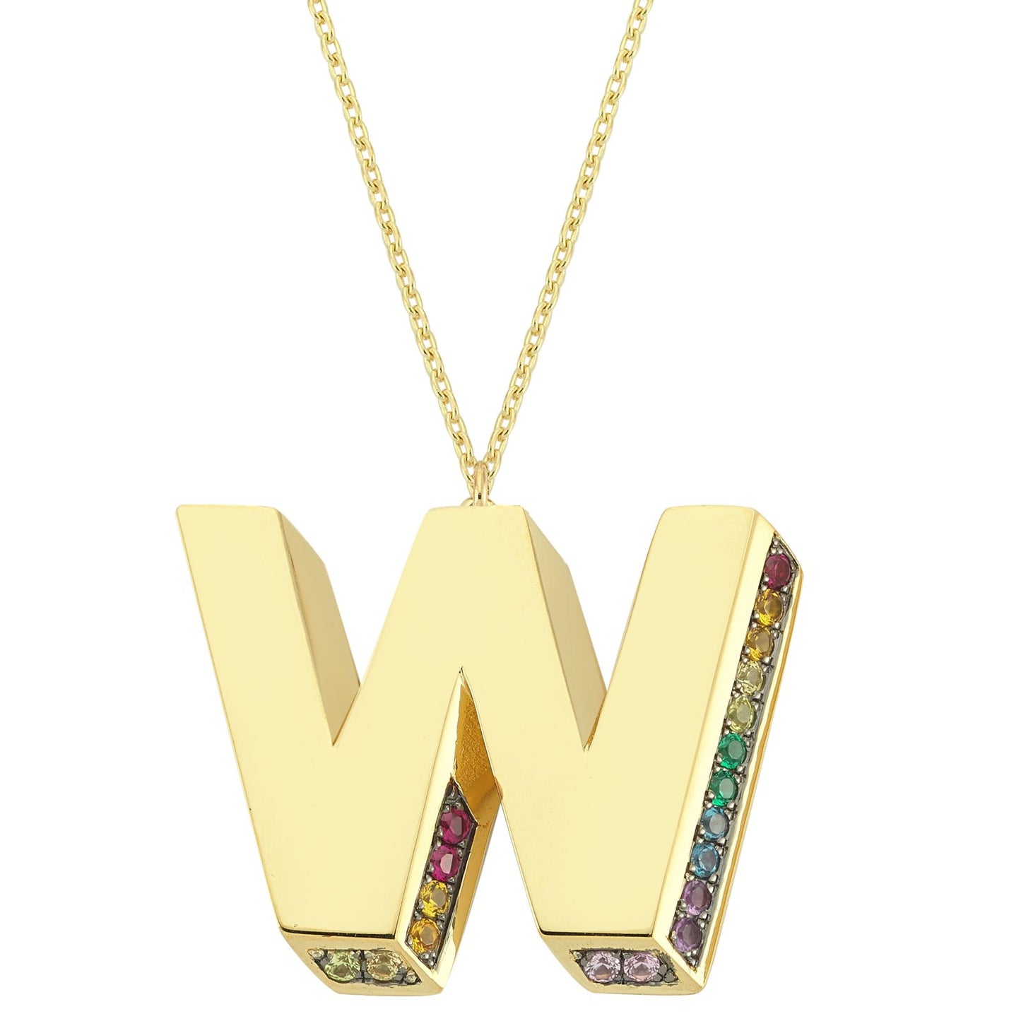 3D W Letter Necklace with Rainbow Sapphires