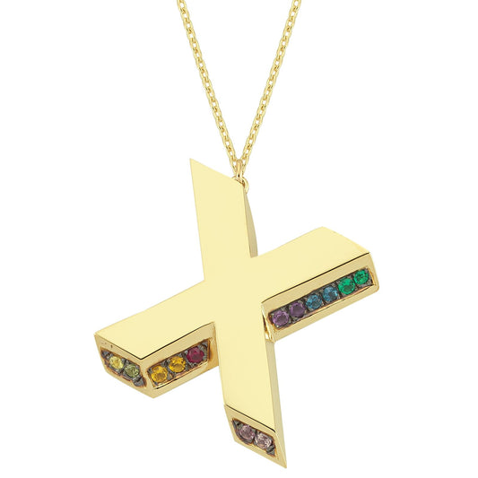3D X Letter Necklace with Rainbow Sapphires