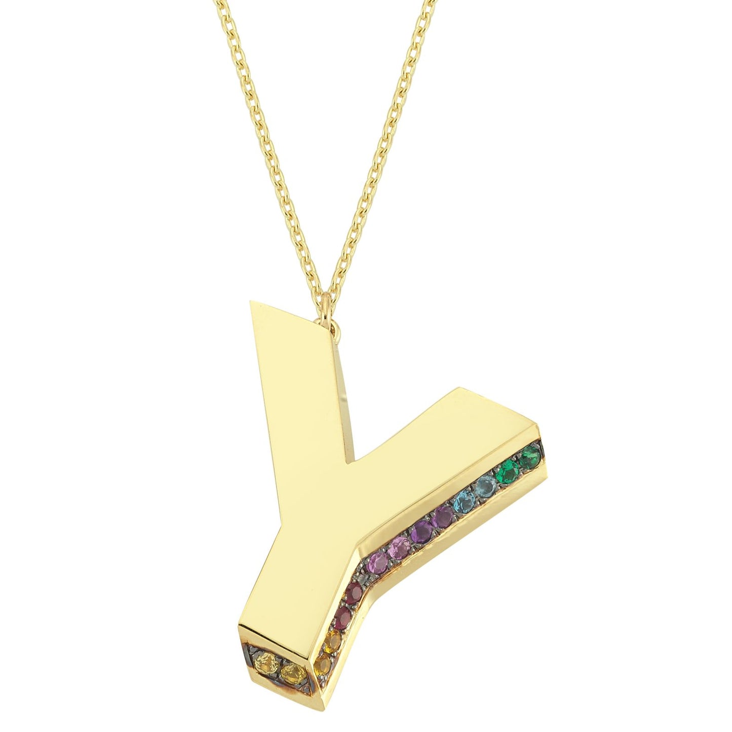3D Y Letter Necklace with Rainbow Sapphires