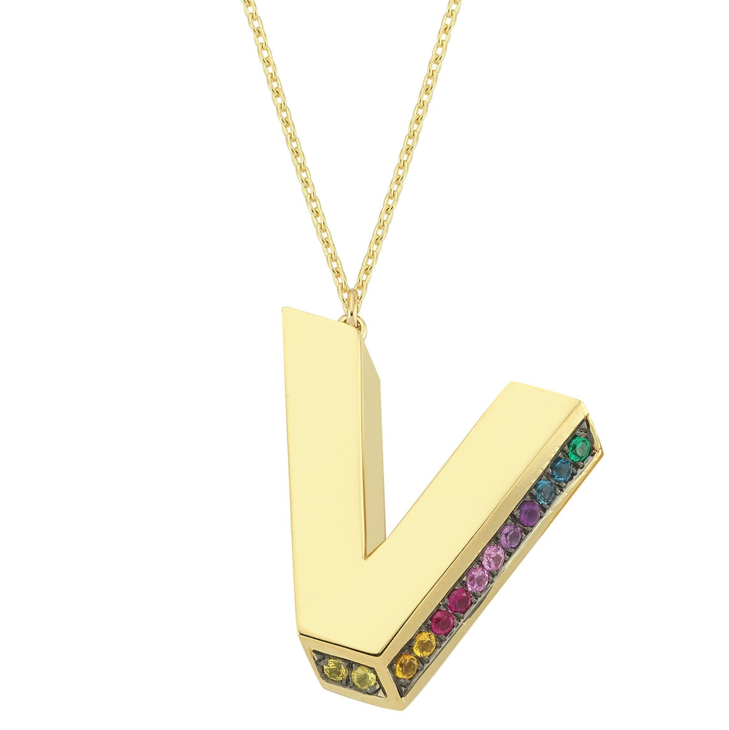 3D V Letter Necklace with Rainbow Sapphires
