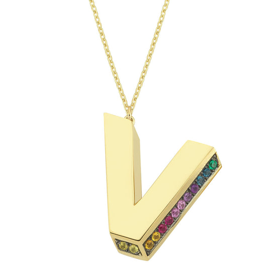 3D V Letter Necklace with Rainbow Sapphires