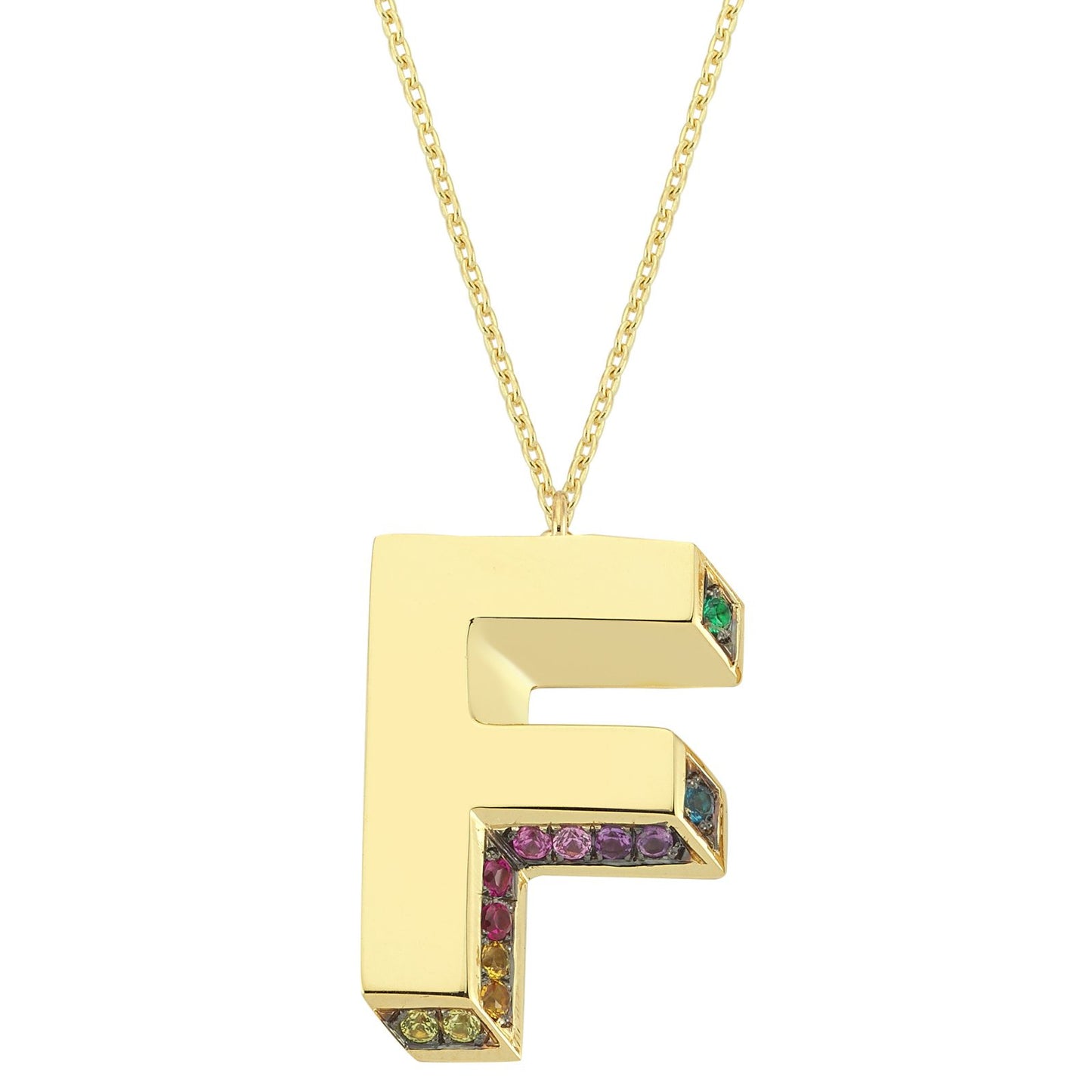 3D F Letter Necklace with Rainbow Sapphires