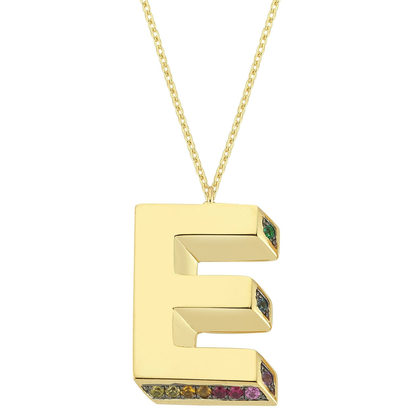 3D E Letter Necklace with Rainbow Sapphires
