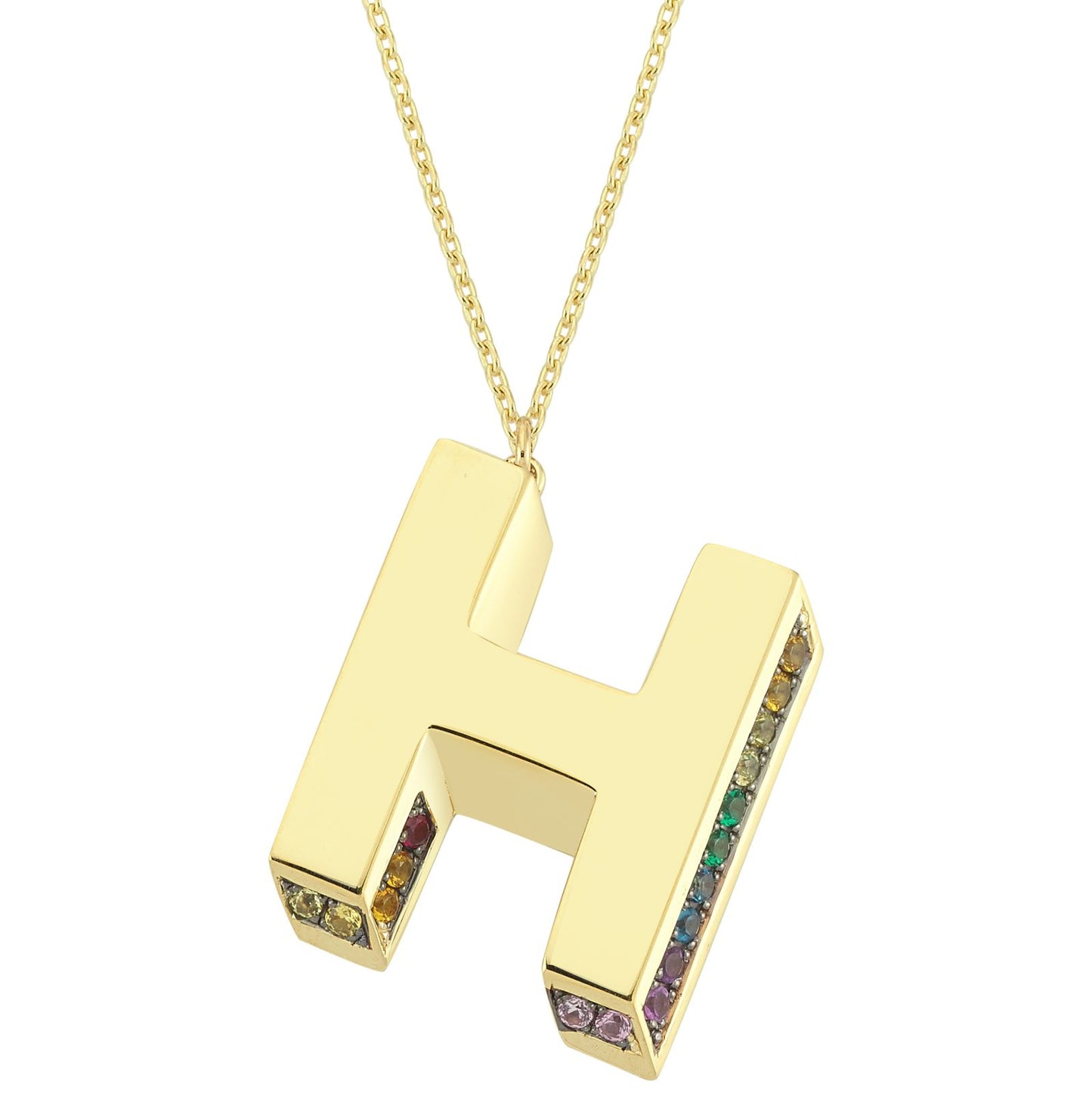 3D H Letter Necklace with Rainbow Sapphires