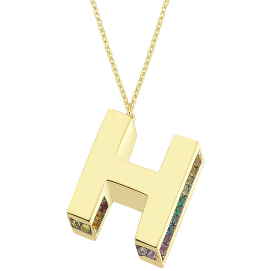3D H Letter Necklace with Rainbow Sapphires