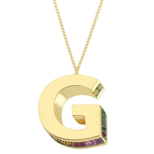 3D G Letter Necklace with Rainbow Sapphires
