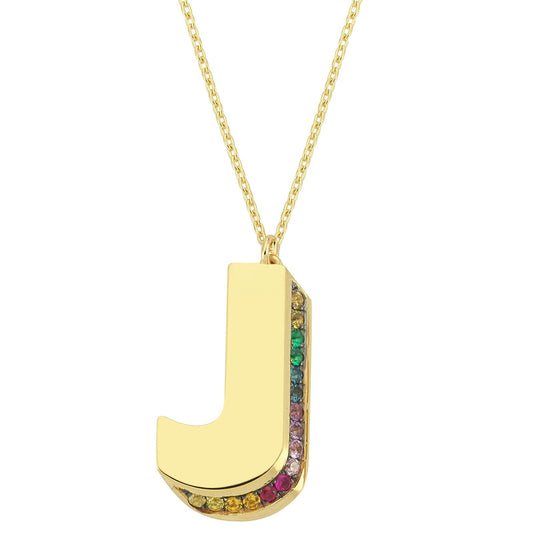 3D J Letter Necklace with Rainbow Sapphires