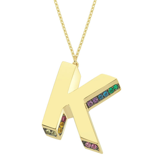 3D K Letter Necklace with Rainbow Sapphires
