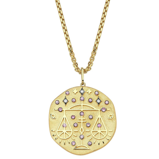 Libra Illustration Zodiac Necklace with Rose Quartz Birthstone, Diamonds & Box Chain