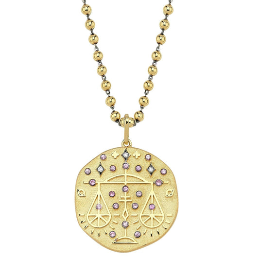 Libra Illustration Zodiac Necklace with Rose Quartz Birthstone, Diamonds & Ball Chain