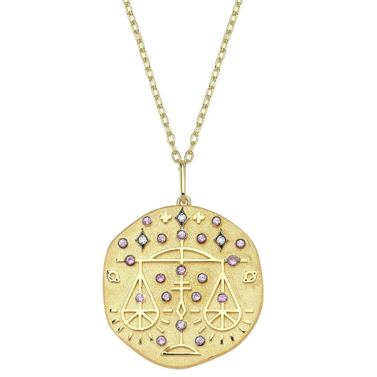 Libra Illustration Zodiac Necklace with Rose Quartz Birthstone, Diamonds & Standart Chain