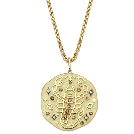 Scorpio Illustration Zodiac Necklace with Topaz Birthstone, Diamonds & Box Chain