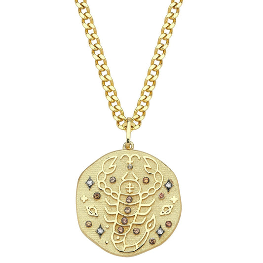 Scorpio Illustration Zodiac Necklace with Topaz Birthstone, Diamonds & Curb Chain