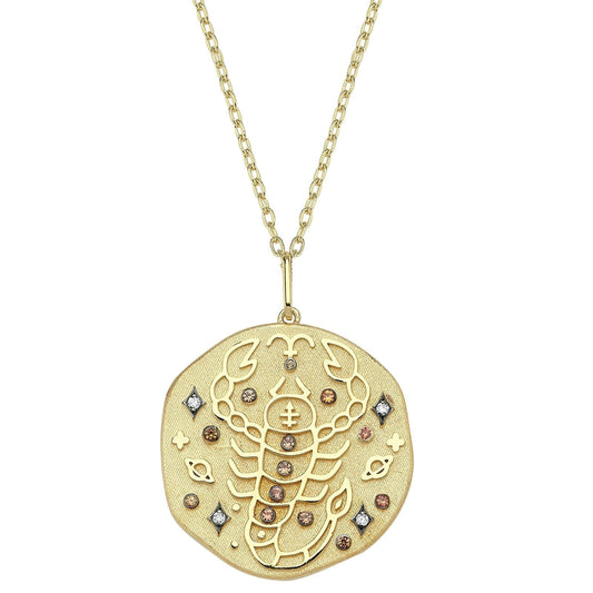 Scorpio Illustration Zodiac Necklace with Topaz Birthstone, Diamonds & Standart Chain