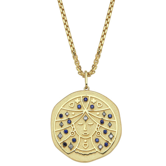 Virgo Illustration Zodiac Necklace with Sapphire Birthstone, Diamonds & Box Chain