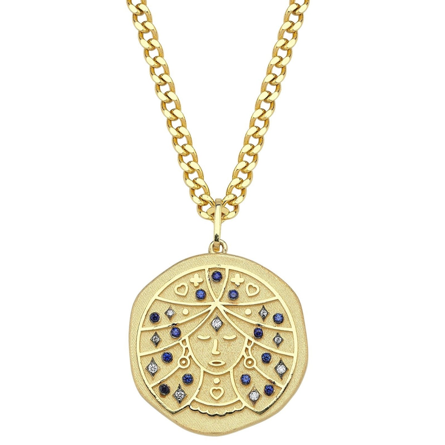 Virgo Illustration Zodiac Necklace with Sapphire Birthstone, Diamonds & Curb Chain
