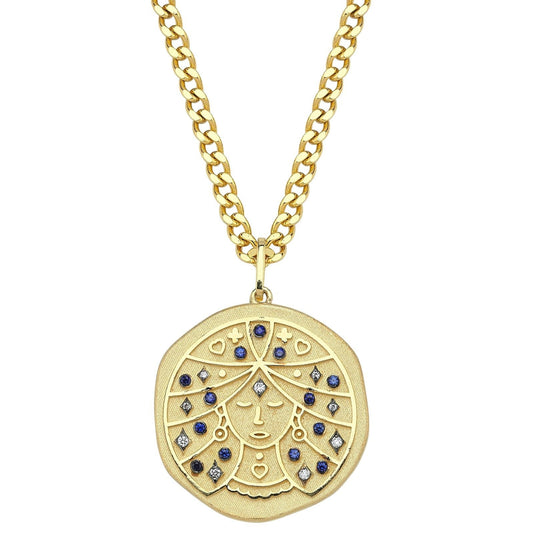 Virgo Illustration Zodiac Necklace with Sapphire Birthstone, Diamonds & Curb Chain