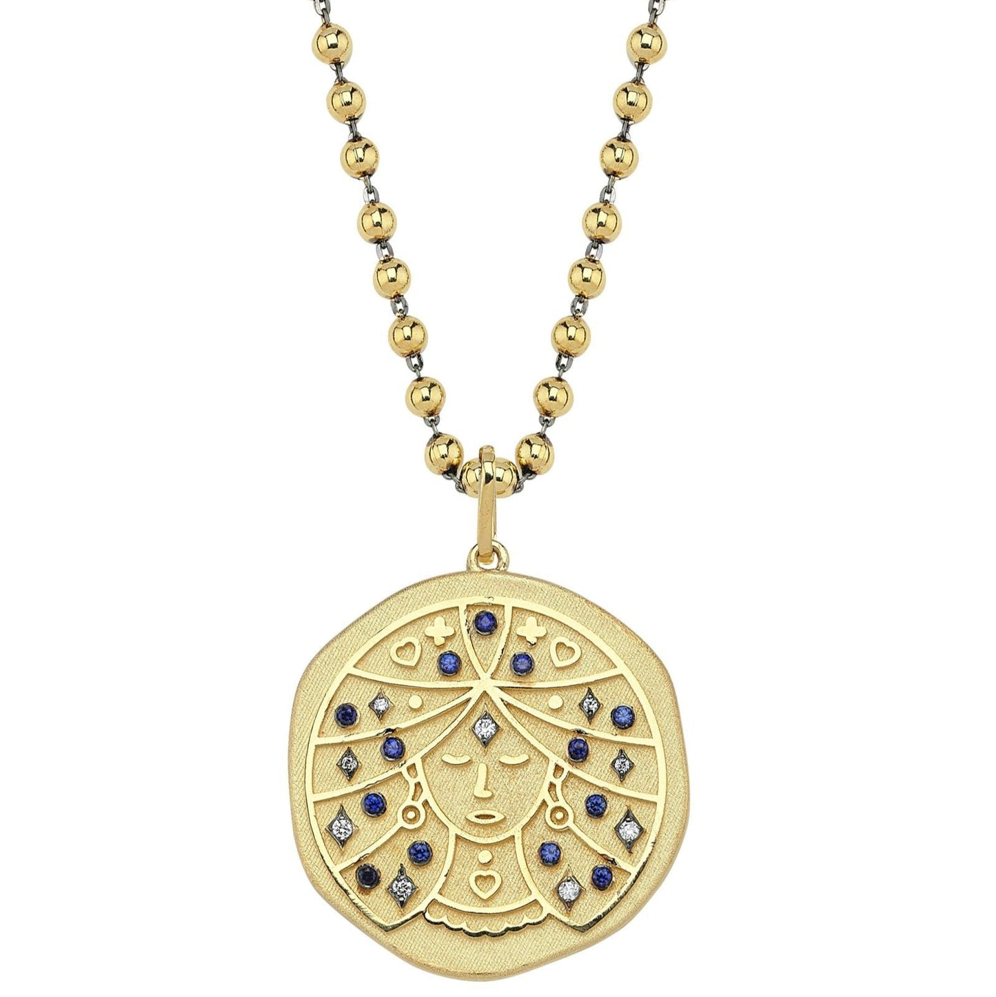 Virgo Illustration Zodiac Necklace with Sapphire Birthstone, Diamonds & Ball Chain