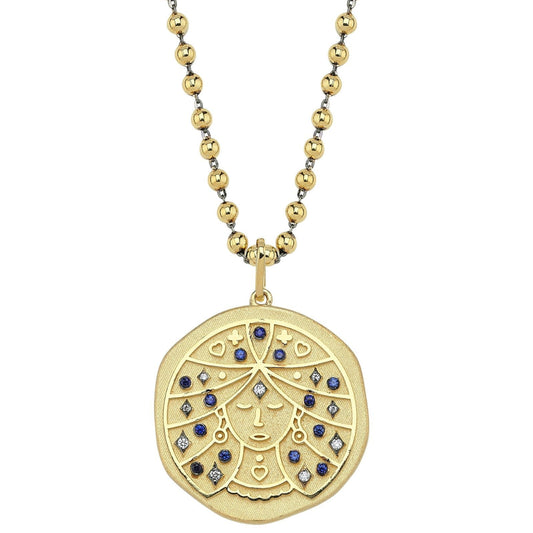 Virgo Illustration Zodiac Necklace with Sapphire Birthstone, Diamonds & Ball Chain