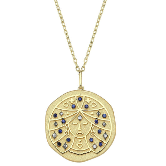 Virgo Illustration Zodiac Necklace with Sapphire Birthstone, Diamonds & Standart Chain