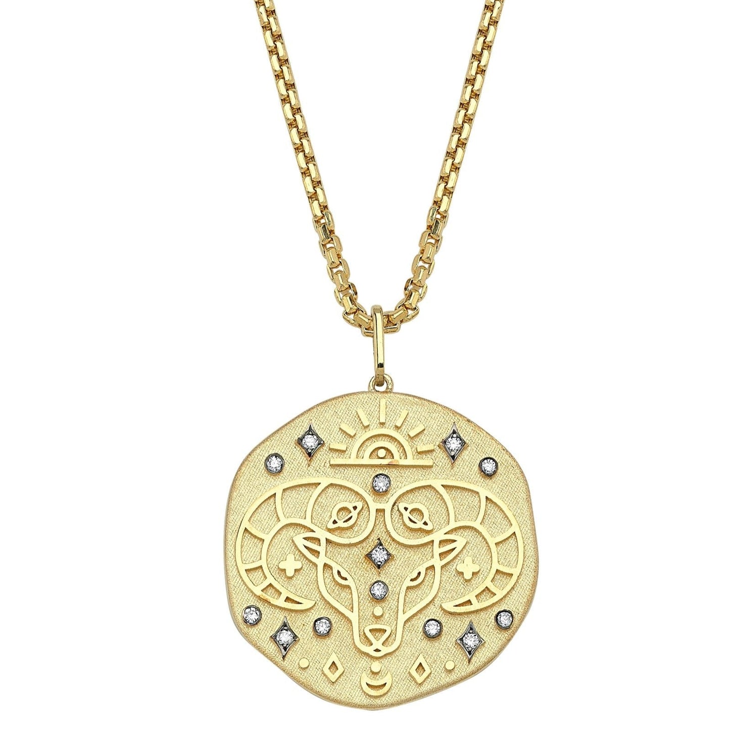 Aries Illustration Zodiac Necklace with Emerald Birthstone, Diamonds & Box Chain