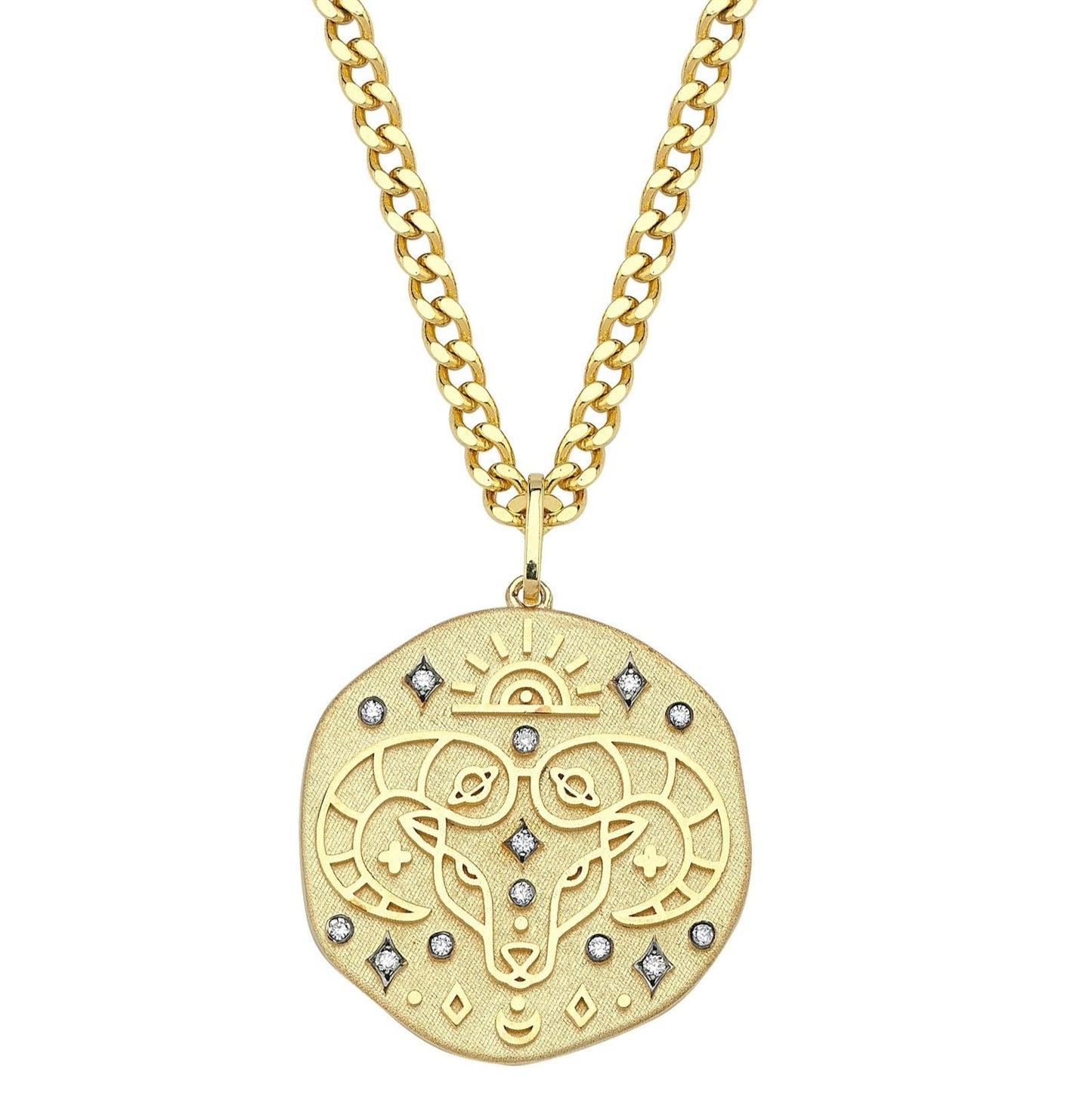 Aries Illustration Zodiac Necklace with Emerald Birthstone, Diamonds & Curb Chain