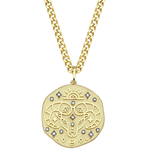 Aries Illustration Zodiac Necklace with Emerald Birthstone, Diamonds & Curb Chain