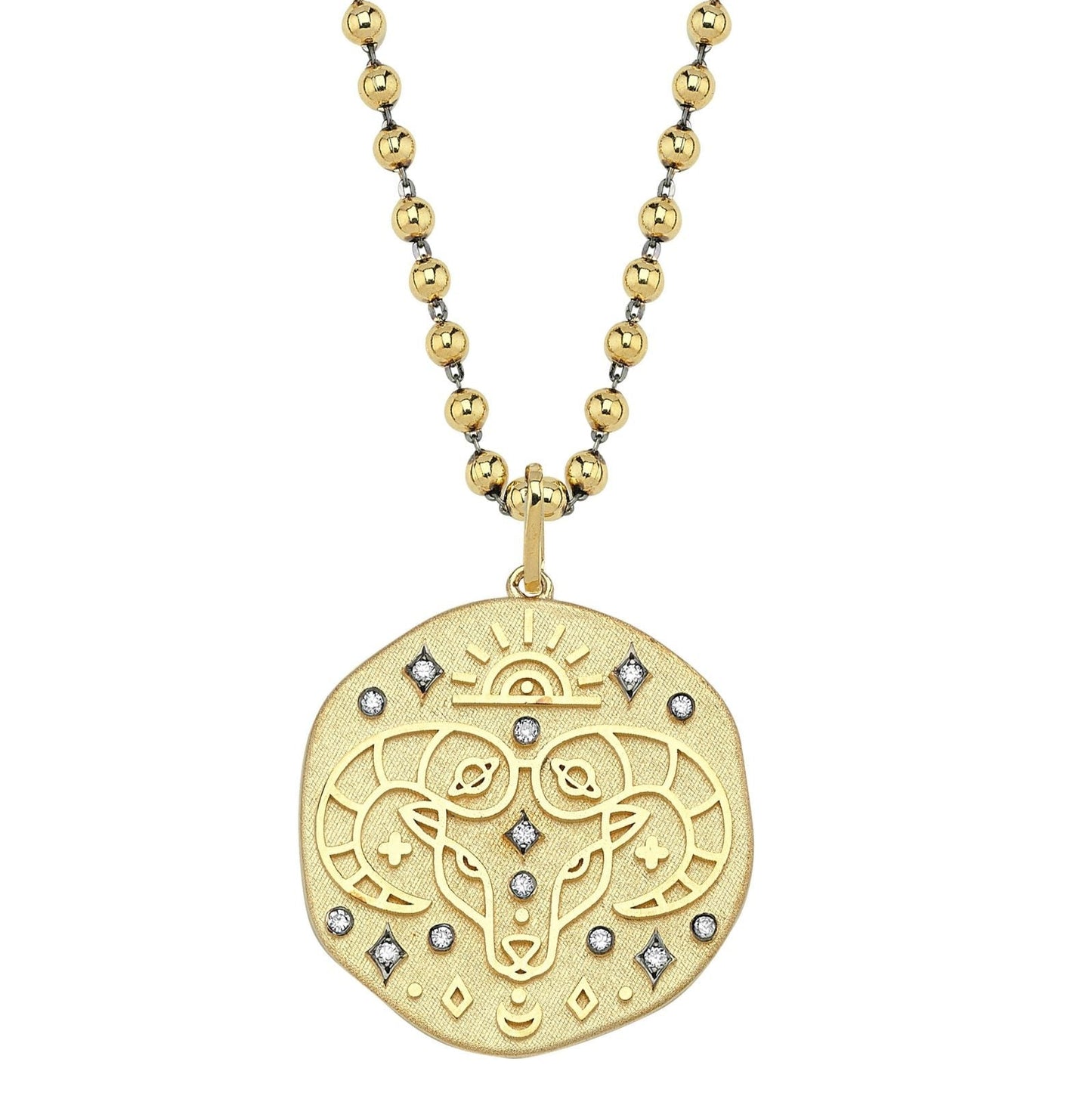 Aries Illustration Zodiac Necklace with Emerald Birthstone, Diamonds & Ball Chain