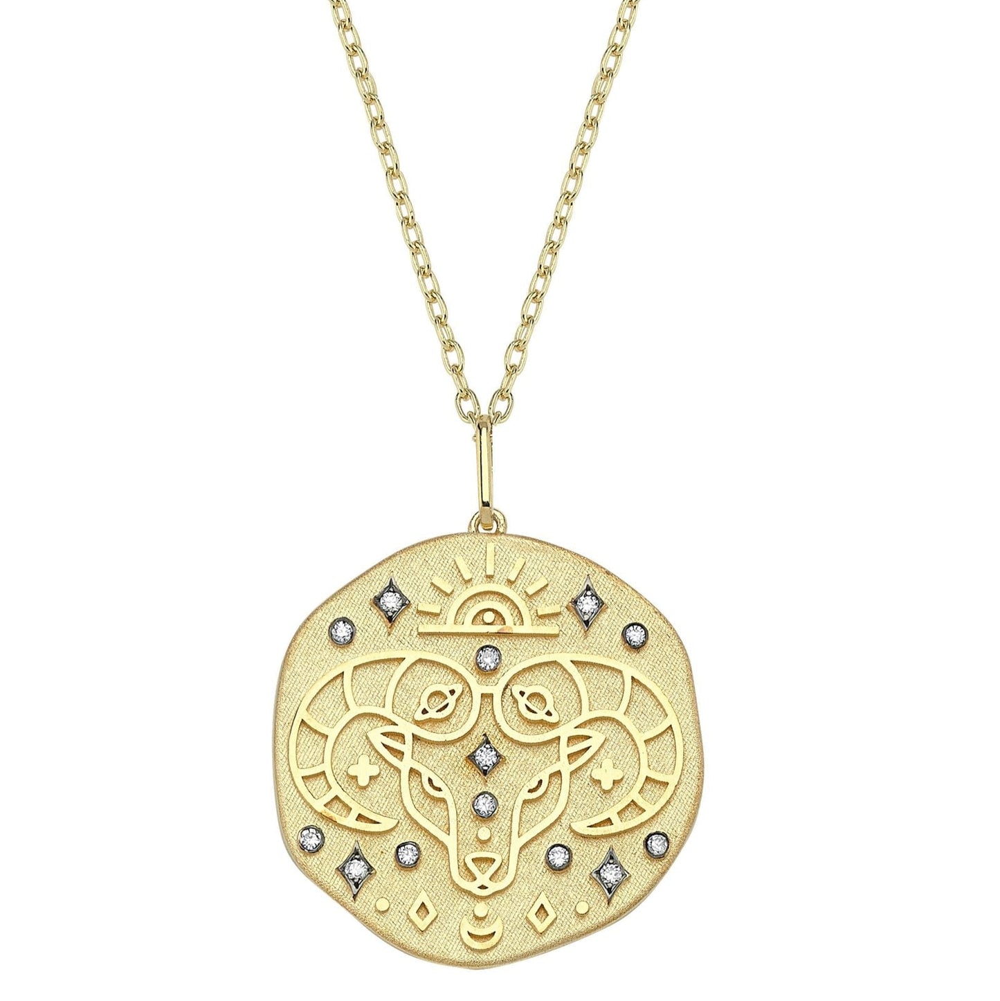 Aries Illustration Zodiac Necklace with Emerald Birthstone, Diamonds & Standart Chain