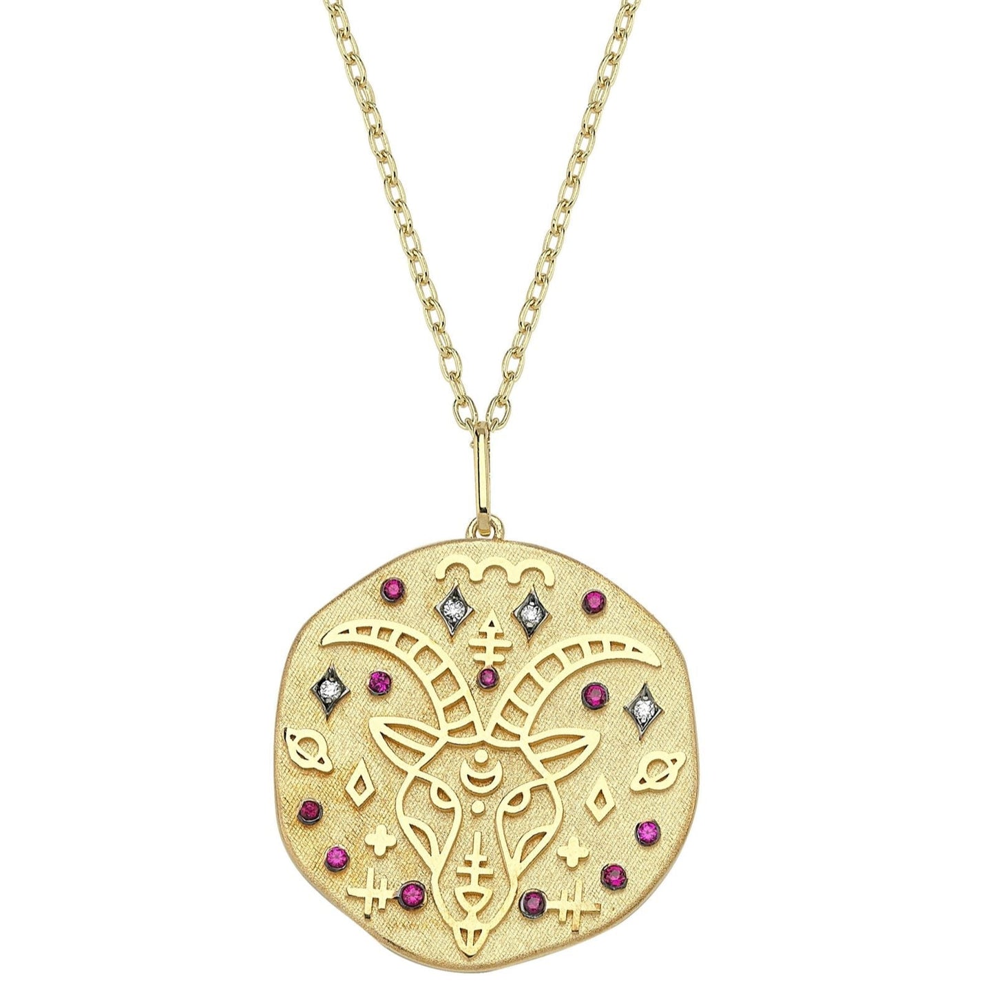 Capricorn Illustration Zodiac Necklace with Ruby Birthstone, Diamonds & Standart Chain