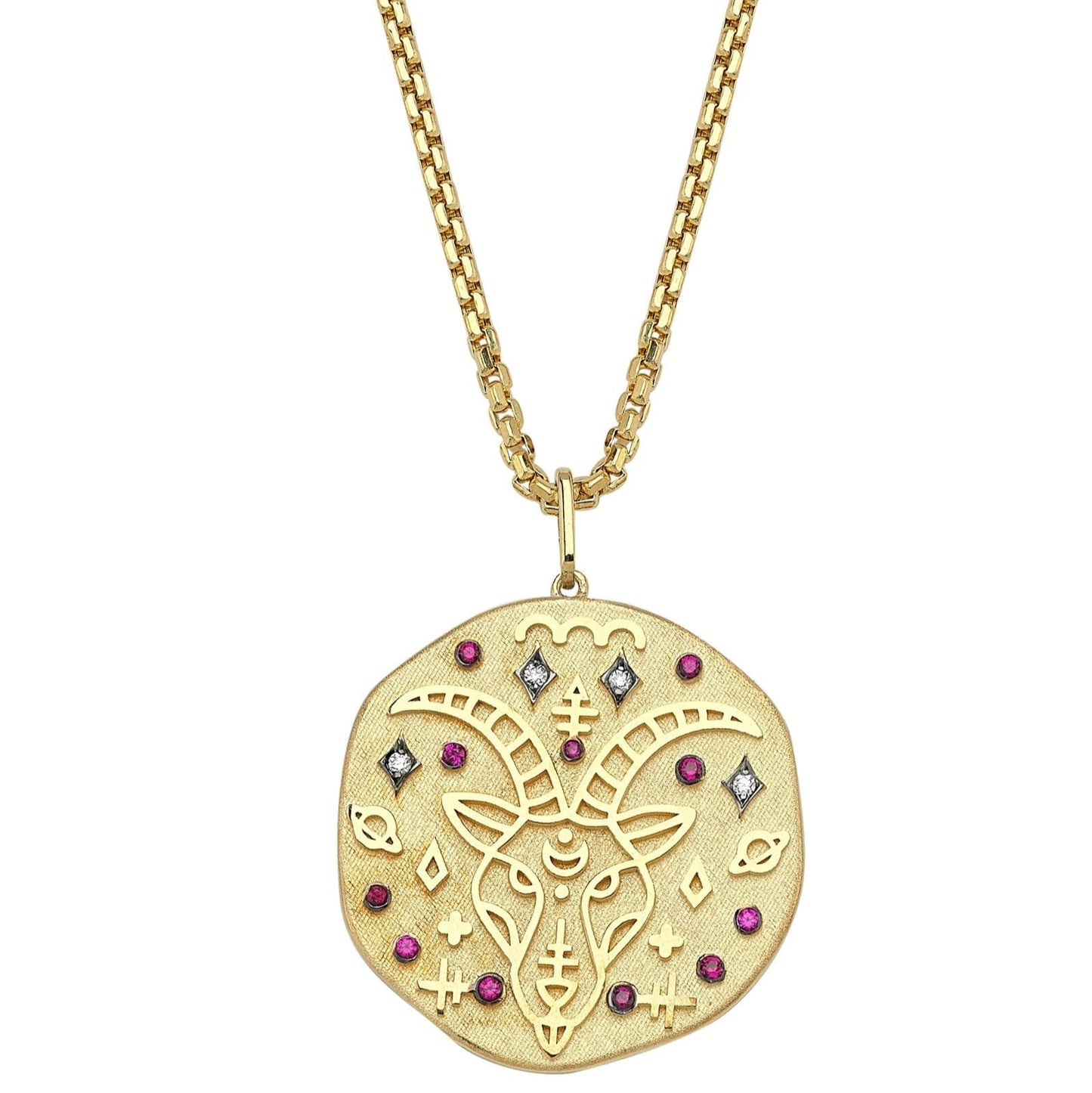 Capricorn Illustration Zodiac Necklace with Ruby Birthstone, Diamonds & Box Chain