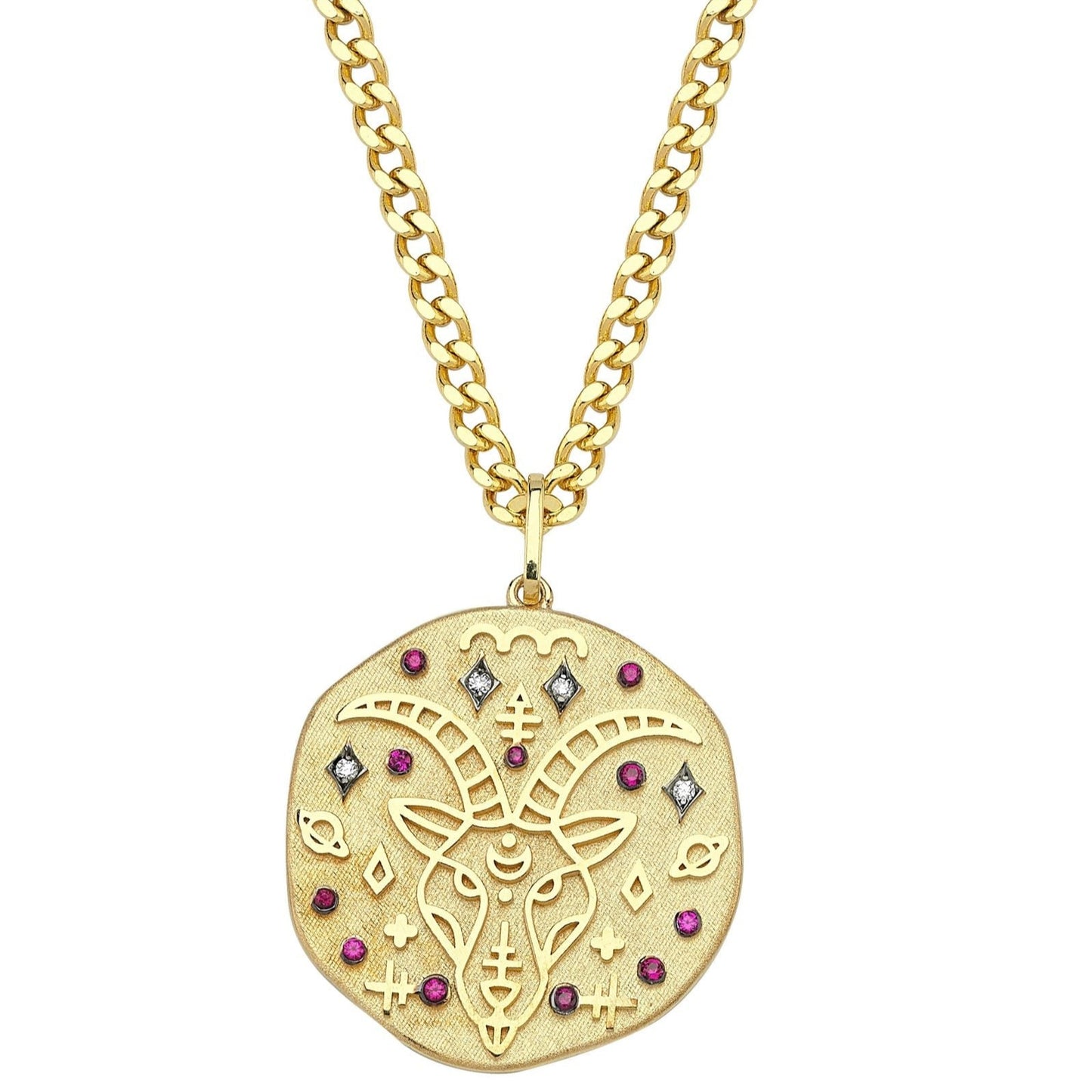 Capricorn Illustration Zodiac Necklace with Ruby Birthstone, Diamonds & Curb Chain