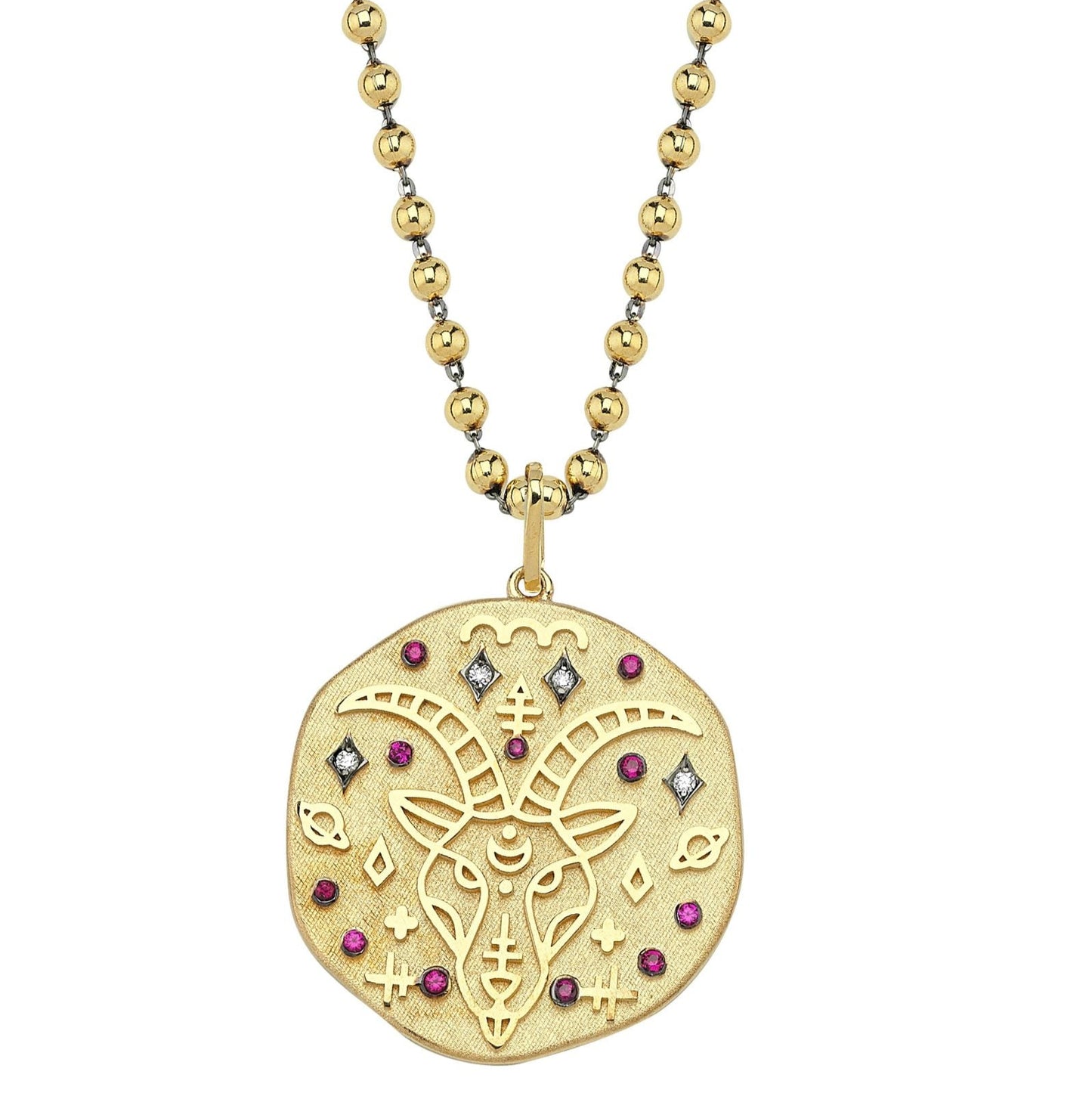 Capricorn Illustration Zodiac Necklace with Ruby Birthstone, Diamonds & Ball Chain