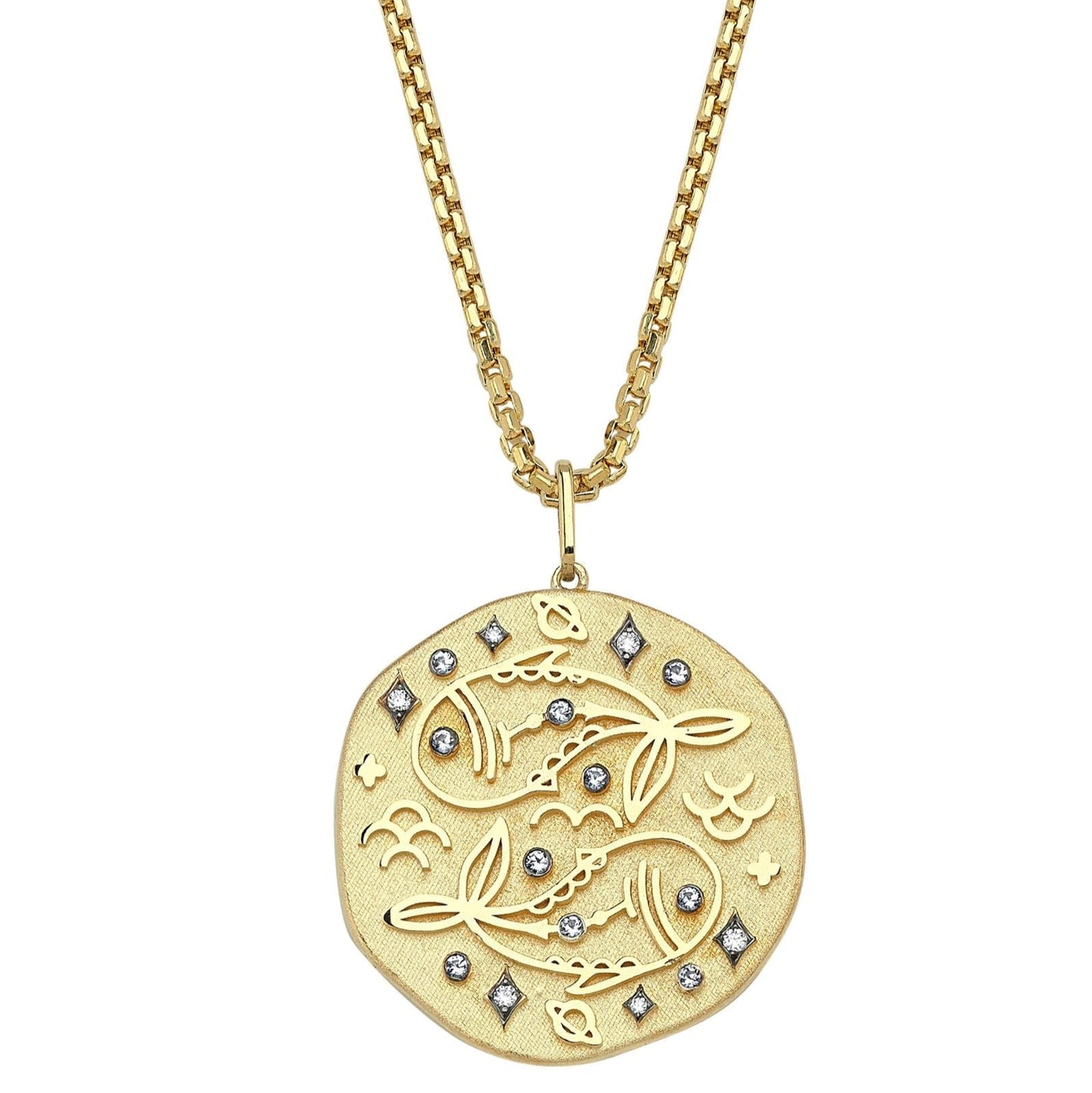 Pisces Illustration Zodiac Necklace with Aquamarine Birthstone, Diamonds & Box Chain