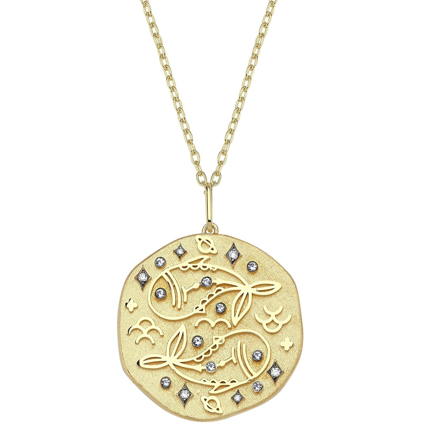 Pisces Illustration Zodiac Necklace with Aquamarine Birthstone, Diamonds & Standart Chain