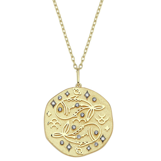Pisces Illustration Zodiac Necklace with Aquamarine Birthstone, Diamonds & Standart Chain