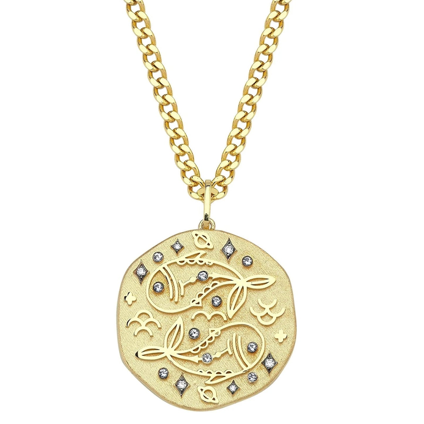 Pisces Illustration Zodiac Necklace with Aquamarine Birthstone, Diamonds & Curb Chain