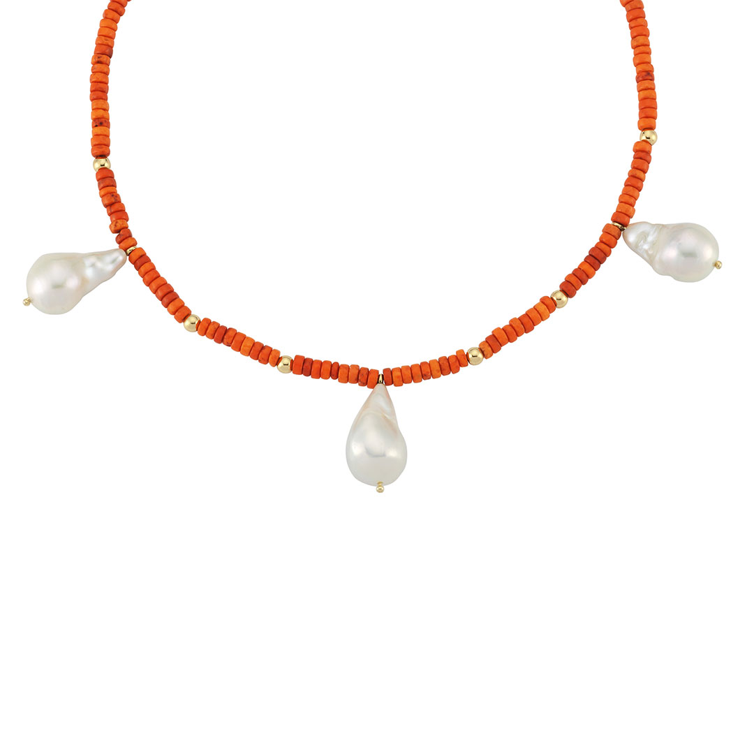 Orange Beaded Necklace with Baroque Pearls