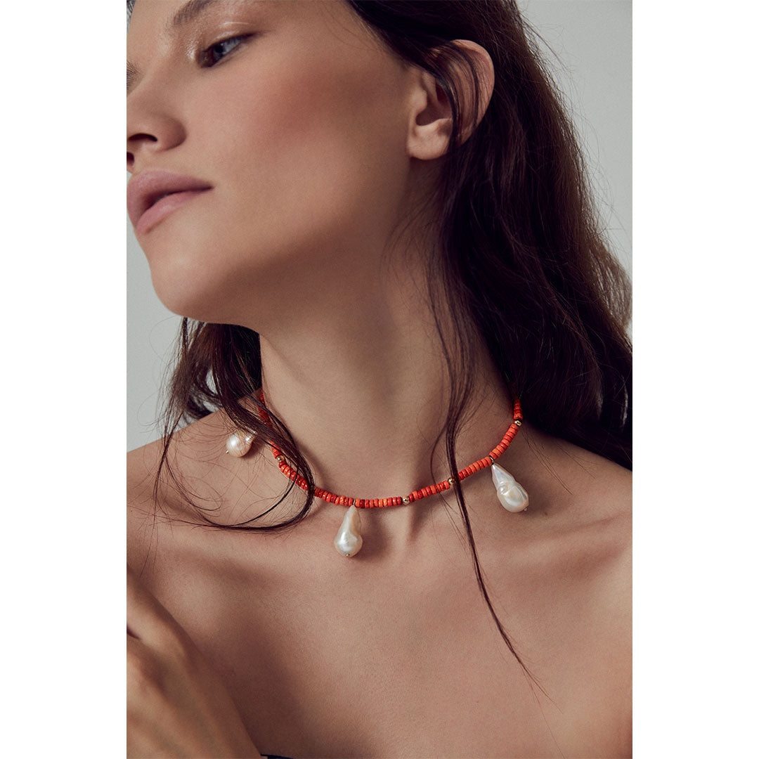 Orange Beaded Necklace with Baroque Pearls